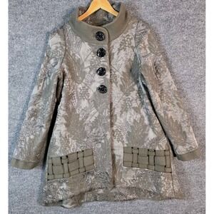Vintage AN REN Coat Cape Cloak M Olive Shimmer Asian Retro Statement Swing